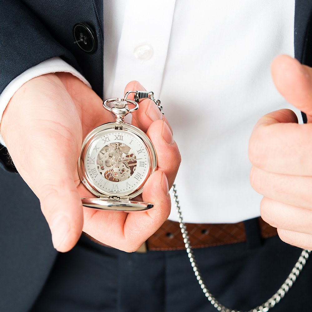 Silver Mechanical Pocket Watch & Fob